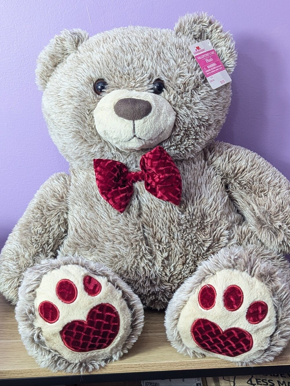 Large 25” Teddy Bear Plush Red Velvet Bow Plush Brown Woodland Stuffed Animal